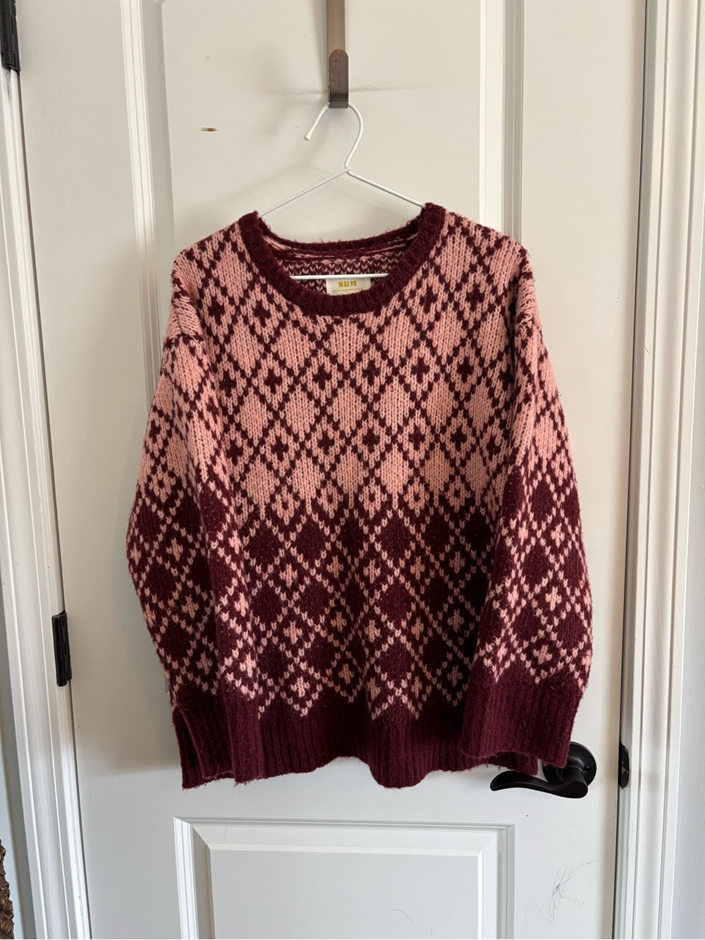 Anthropologie Pink & Burgundy Diamond Fair Isle Crewneck Sweater